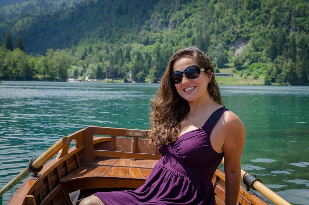 Kate in a rowboat on Lake Bled, Slovenia