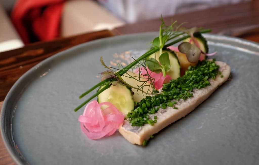 A fancy plate with a long strip of pink herring topped with herbs, radishes, and pickled onions.