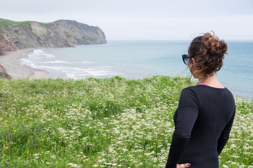 Kate stands in front of a field of wildflowers and faces cliffs and a rocky beach in the distance.