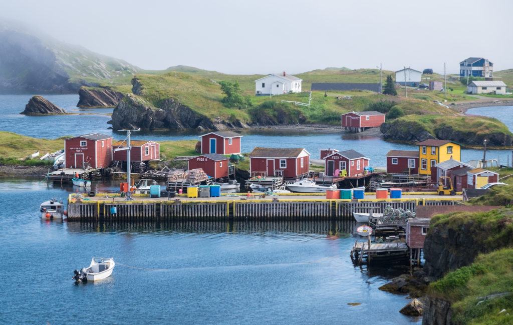 Red fishing cottages on a still bay with islands and cloud-wrapped cliffs in the background in Newfoundland.
