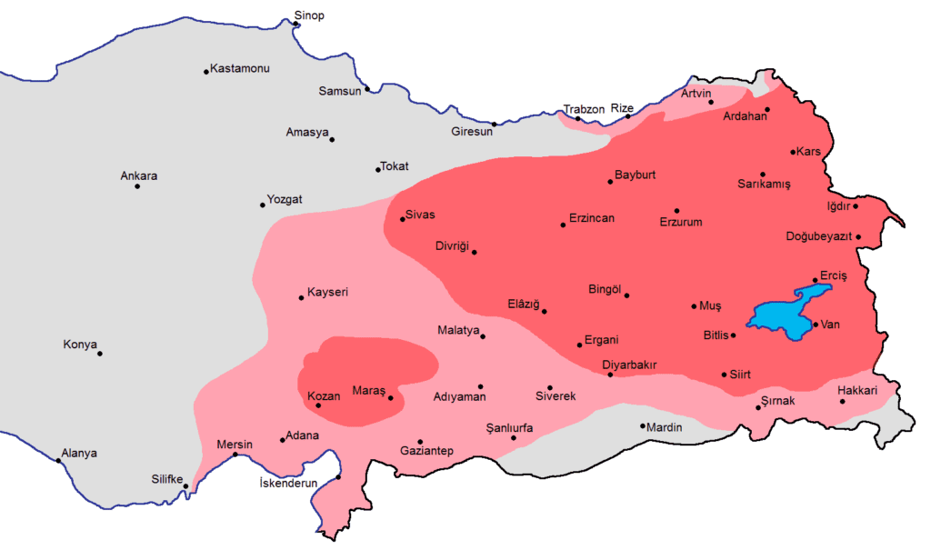 A map showing current day Turkey and that the eastern part of it was primarily ethnically Armenian.