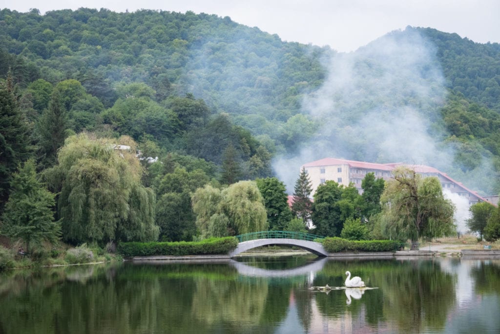 A smooth, glassy lake in the mountains of Dilijan, underneath a gray sky, mountains rising in the background. There is a swan on the lake.
