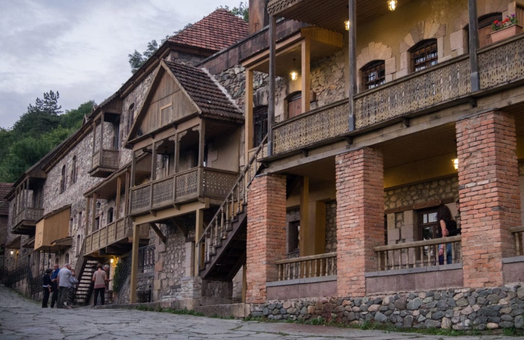 Traditional wood and brick homes in Dilijan, Armenia.