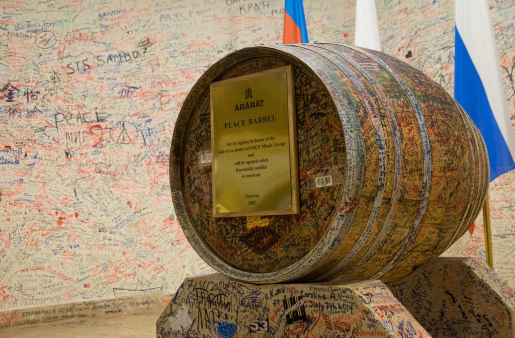 Ararat Brandy's "Peace Barrel" signed by locals wishing for peace with Azerbaijan.